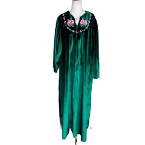 Heather Collection ~ X-Large ~ Vtg ~ Green W/Pink Floral Embroidery Velvet Robe